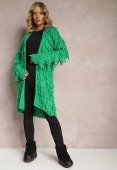 Zielony Niezapinany Kardigan w Ozdobne Frędzle Massawa. Zielone kardigany damskie Renee, bez wzorów, eleganckie, bez kołnierzyka, bez ramiączek, bez kaptura. Za 169.99 zł.