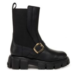 Sztyblety LOVE MOSCHINO. Czarne botki damskie Love Moschino, bez obcasa, na płaskiej podeszwie, bez zapięcia. Za 879.99 zł.