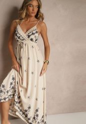 Jasnobeżowa Wiskozowa Sukienka z Kopertowym Dekoltem i Haftami Sarondra. Brązowe sukienki damskie Renee, na co dzień, na lato, m, bez wzorów, z wiskozy, eleganckie, bez kołnierzyka, bez ramiączek, maxi, kopertowe. Za 89.99 zł.