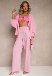 Różowy Bawełniany Komplet Muślinowy Oversize z Koszulą i Szerokimi Spodniami Ziorina. Czerwone koszule damskie Renee, z aplikacjami, z bawełny, eleganckie, bez kołnierzyka, bez ramiączek. Za 159.99 zł.