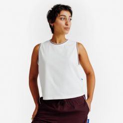 Koszulka bez rękawów damska Heritage. Białe koszulki sportowe damskie Decathlon, xl, bez wzorów, z bawełny, bez kołnierzyka, bez ramiączek. Za 49.99 zł.