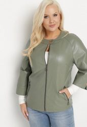 Jasnozielona Gładka Kurtka Ramoneska z Rękawem 3/4 Mirseli. Zielone kurtki damskie Born2be, xl, bez wzorów, z jeansu, bez kaptura. Za 179.99 zł.