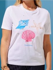 Bawełniana koszulka z nadrukiem w muszelki - biały. Białe t-shirty damskie Sinsay, l, bez wzorów, z bawełny, bez kołnierzyka. W wyprzedaży za 14.99 zł.