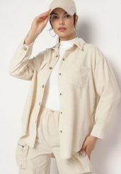 Jasnobeżowa Koszula ze Sztruksowej Tkaniny Nevellorae. Brązowe bluzki damskie Born2be, xl, bez wzorów, ze sztruksu, bez kołnierzyka, bez ramiączek. Za 49.99 zł.