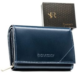 Kompaktowy portfel damski ze skóry naturalnej w granatowym kolorze zamykany zatrzaskiem - Rovicky. Niebieskie portfele damskie bez wzorów, ze skóry. Za 56.00 zł.