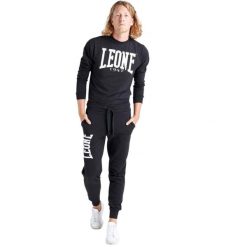 Bluza z bawełna z sznurek regulacyjny na co dzień. Czarne bluzy męskie LEONE 1947 APPAREL, bez wzorów, z bawełny, bez kaptura. W wyprzedaży za 141.46 zł.