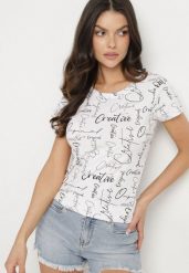 Biały T-shirt z Bawełny Zdobiony Nadrukiem z Napisami Mirindela. Białe bluzki damskie Born2be, l, z aplikacjami, z bawełny, eleganckie, bez kołnierzyka. Za 29.99 zł.
