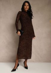 Brązowa Sukienka z Domieszką Wiskozy Ozdobiona Welurowym Nadrukiem Vetionne. Brązowe sukienki damskie Renee, na co dzień, l, bez wzorów, z weluru, eleganckie, bez kołnierzyka, bez ramiączek, midi. Za 159.99 zł.