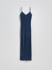 Sukienka maxi na ramiączkach - granatowy. Niebieskie sukienki damskie Reserved, l, bez wzorów, z tkaniny, bez kołnierzyka, bez ramiączek, maxi, dopasowane. Za 299.99 zł.