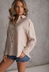 Beżowa Oversizowa Koszula z Wiskozą i Lnem z Guzikami o Różnej Wielkości Drenrya. Brązowe bluzki damskie Renee, l, bez wzorów, ze lnu, casualowe, bez kołnierzyka, bez ramiączek. Za 109.99 zł.