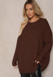 Brązowy Casualowy Sweter Oversize Allethia. Brązowe swetry damskie Renee, bez wzorów, biznesowe, bez kołnierzyka, bez ramiączek, bez kaptura. Za 139.99 zł.