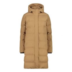 Płaszcz damski turystyczne CMP 34K0096. Brązowe płaszcze damskie CMP, bez wzorów, z materiału, sportowe, długie, z kapturem. Za 589.99 zł.