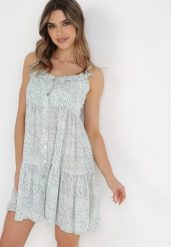 Jasnozielona Sukienka Typhotis. Zielone sukienki damskie Born2be, na imprezę, l, bez wzorów, wakacyjne, bez kołnierzyka, bez ramiączek, mini, rozkloszowane. Za 84.99 zł.