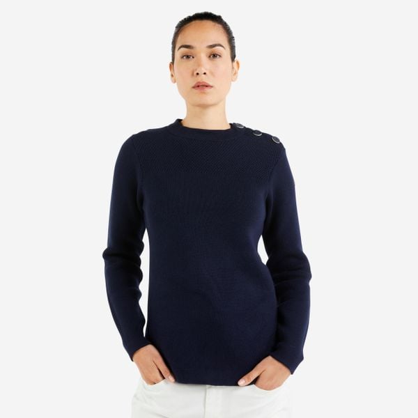 Sweter marynarski damski Tribord. Niebieskie swetry damskie Decathlon, l, bez wzorów, z bawełny, eleganckie, bez kołnierzyka, bez ramiączek, bez kaptura. Za 99.99 zł.