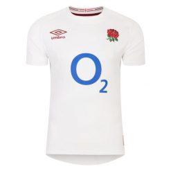 Autentyczna koszulka domowa Angleterre 2023/24. Białe koszulki sportowe męskie Umbro, bez wzorów, bez kołnierzyka, bez ramiączek. Za 651.50 zł.
