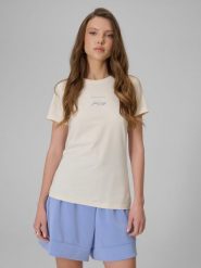 4F T-shirt slim z nadrukiem damski - beżowy XL. Brązowe t-shirty damskie 4f, l, bez wzorów, z jeansu, bez kołnierzyka. Za 49.99 zł.