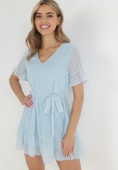 Niebieska Sukienka Acalopei. Niebieskie sukienki damskie Born2be, na imprezę, l, bez wzorów, z materiału, bez kołnierzyka, bez ramiączek, mini, dopasowane. Za 89.99 zł.