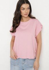 Różowy T-shirt z Bawełny Ozdobiony Rozcięciami przy Rękawach Katirna. Czerwone bluzki damskie Born2be, bez wzorów, z bawełny, klasyczne, bez kołnierzyka. Za 59.99 zł.