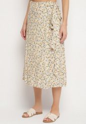 Beżowa Spódnica Wiązana w Pasie w Kwiatowy Print Ellivella. Brązowe spódnice damskie Born2be, bez wzorów, biznesowe, midi, koszulowe. Za 34.99 zł.