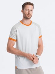 T-shirt męski bawełniany z reglanem - szaro-biały V2 S1623 - XXL. Szare t-shirty męskie Ombre Clothing, l, z aplikacjami, z bawełny, klasyczne, bez kołnierzyka. W wyprzedaży za 29.99 zł.