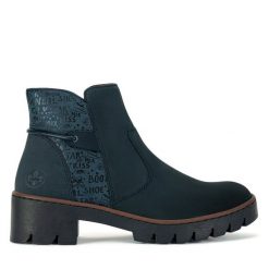 Botki Rieker. Niebieskie botki damskie Rieker, bez obcasa, na płaskiej podeszwie, bez zapięcia. Za 311.00 zł.