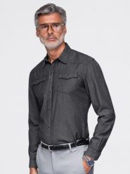Koszula męska jeansowa na zatrzaski z kieszonkami - czarna V3. Czarne koszule męskie Ombre Clothing, m, bez wzorów, z bawełny, biznesowe, bez kołnierzyka, bez ramiączek. W wyprzedaży za 89.99 zł.
