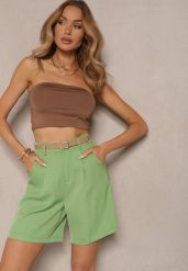 Zielone Szorty z Wiskozą w Eleganckim Stylu z Paskiem Relemira. Zielone szorty damskie Renee, l, bez wzorów, z materiału, eleganckie, z podwyższonym stanem. Za 69.99 zł.