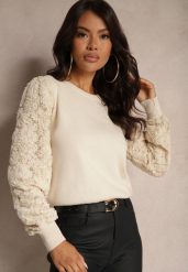 Beżowy Sweter z Wiskozą z Ozdobnymi Rękawami z Koronki z Cekinami Tilitana. Brązowe swetry damskie Renee, bez wzorów, z jeansu, casualowe, bez kołnierzyka, bez ramiączek, bez kaptura. Za 129.99 zł.