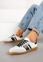 Biało-Czarne Sneakersy Tenisówki z Ozdobnymi Paskami Nelidi. Białe trampki i tenisówki damskie Born2be, bez wzorów, z jeansu, casualowe, bez zapięcia. Za 79.99 zł.