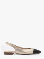 Platynowe baleriny typu slingback z czarnym noskiem SALMA. Szare baleriny damskie Ryłko, bez wzorów, z gumy, bez obcasa, na płaskiej podeszwie. W wyprzedaży za 239.99 zł.