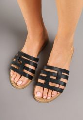 Czarne Klapki w Minimalistycznym Stylu z Przeplatanymi Paskami Esallie. Czarne klapki damskie Renee, bez wzorów, biznesowe, bez obcasa, na płaskiej podeszwie. Za 39.99 zł.