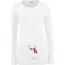 Sweter dzianinowy z motywem królika, długi rękaw bonprix biel wełny. Białe swetry damskie bonprix, z dzianiny. Za 89.99 zł.