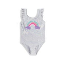 Strój jednoczęściowy pływacki dziecięcy Lemon Explore WL5 z falbanką. Szare stroje kąpielowe dla dziewczynek LEMON explore, bez wzorów, z elastanu. Za 89.90 zł.
