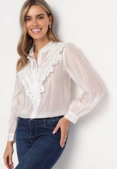 Biała Koszula z Koronką Walaa. Białe bluzki damskie Born2be, m, bez wzorów, z koronki, bez kołnierzyka, bez ramiączek. Za 74.99 zł.