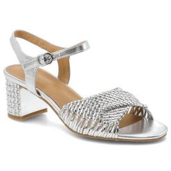 Sandały damskie S.Barski, cholewka ze skóry naturalnej na stabilnym obcasie z plecioną cholewką i biżuteryjnym zdobieniem, srebrne, CR61-3092. Szare klapki damskie S.BARSKI, z aplikacjami, ze skóry, bez obcasa, na obcasie, bez zapięcia. Za 329.00 zł.