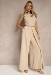Beżowy Kombinezon Bez Rękawów z Nogawkami Wide Leg Noreldi. Brązowe sukienki damskie Renee, s, bez wzorów, eleganckie, bez kołnierzyka, bez ramiączek. Za 149.99 zł.