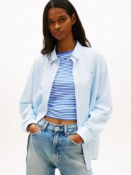 Tommy Jeans bluzka koszulowa z zawartością lnu Kobiety Bawełna niebieski, XS. Niebieskie bluzki damskie Tommy Jeans, xs, bez wzorów, z bawełny, eleganckie, bez kołnierzyka, bez ramiączek. Za 279.95 zł.