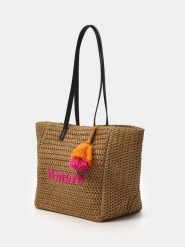 Torebka pleciona shopper z napisem - kremowy. Białe torebki shopper damskie Sinsay, bez wzorów, bez dodatków. Za 49.99 zł.