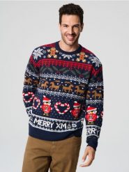 Sweter z motywem świątecznym - granatowy. Niebieskie swetry przez głowę męskie Sinsay, l, bez wzorów, bez kołnierzyka. Za 79.99 zł.