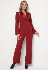 Bordowy Elegancki Kombinezon o Taliowanym Kroju z Szerokimi Nogawkami Lirraza. Czerwone sukienki damskie Born2be, do pracy, m, bez wzorów, biznesowe, bez kołnierzyka, bez ramiączek, proste. Za 144.99 zł.