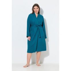 Damskie Szlafrok kołnierz szalowy pasek pika waflowa długi rękaw. Niebieskie szlafroki damskie Ulla Popken, plus size, bez wzorów, z bawełny, plus size, bez ramiączek, długie, bez kaptura. Za 279.99 zł.