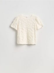 Kreszowany t-shirt - złamana biel. T-shirty damskie Reserved, l, bez wzorów, z dzianiny, bez kołnierzyka. Za 89.99 zł.