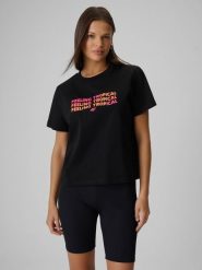 4F T-shirt boxy z nadrukiem damski - czarny XS. Czarne t-shirty damskie 4f, xs, bez wzorów, z bawełny, bez kołnierzyka. Za 69.99 zł.