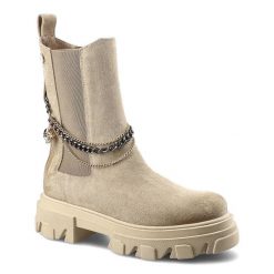 Botki damskie Carinii, naturalna skóra zamszowa z wysoką cholewką z gumowymi ściągaczami i ozdobnymi łańcuchami całość na płaskiej podeszwie, beżowe,. Brązowe kozaki damskie Carinii, z gumy, przed kolano, bez obcasa, na płaskiej podeszwie. Za 355.00 zł.