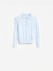 Wełniany sweter polo - jasnoniebieski. Niebieskie swetry damskie Reserved, l, bez wzorów, z wełny, bez kołnierzyka, bez ramiączek, bez kaptura. Za 199.99 zł.