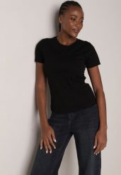 Czarny Bawełniany T-shirt w Klasycznym Stylu Nedila. Czarne koszule damskie Born2be, m, bez wzorów, z bawełny, klasyczne, bez kołnierzyka, bez ramiączek. Za 39.99 zł.