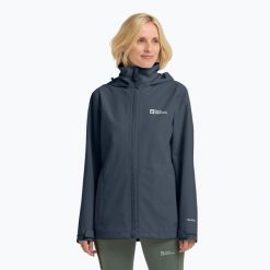 Kurtka przeciwdeszczowa damska Jack Wolfskin Trailtime 2L. Niebieskie kurtki damskie Jack Wolfskin, l, bez wzorów, bez kaptura. Za 439.99 zł.
