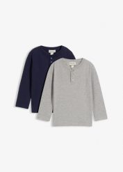 Koszulka z dekoltem henley i długim rękawem, z bawełną organiczną (2 szt.). Szare koszule dla chłopców bonprix, bez wzorów, z bawełny, bez kołnierzyka, bez ramiączek. Za 69.99 zł.