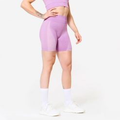 Spodenki fitness cardio damskie Domyos seamless. Czerwone legginsy damskie DOMYOS, l, bez wzorów, z materiału, sportowe, z podwyższonym stanem, na fitness i siłownię. W wyprzedaży za 59.99 zł.