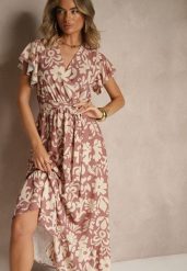 Ciemnobeżowa Rozkloszowana Sukienka w Kwiatowy Wzór z Paskiem Niloreia. Brązowe sukienki damskie Renee, na co dzień, l, bez wzorów, eleganckie, bez kołnierzyka, bez ramiączek, maxi, proste. Za 89.99 zł.